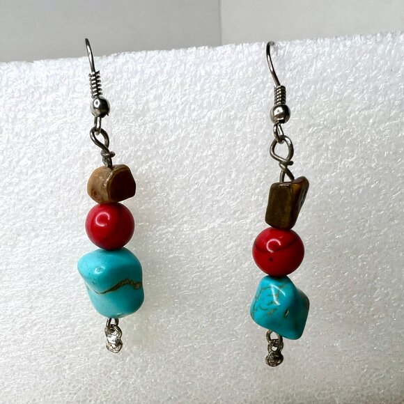 Boho Turquoise Jasper Cat’s Eye Dangle Earrings Southwestern Silver tone - Picture 5 of 7